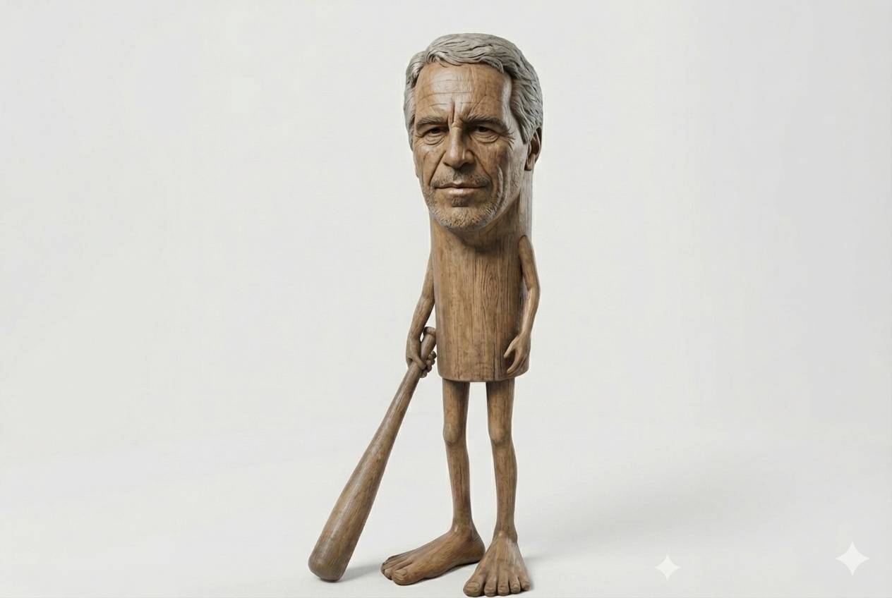 an AI generated image of a wooden statue that has the face of Jeffery Epstein