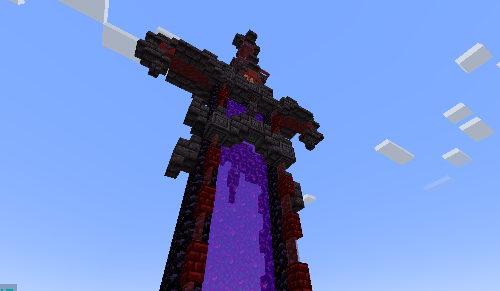 Minecraft screenshot of a Nether portal in the shape of a sword